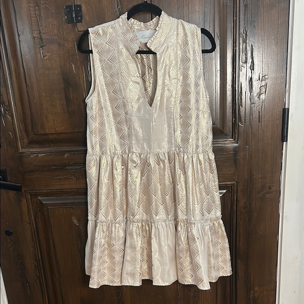 Cream Mini Sundress with Tiered Ruffles and Mandarin Collar